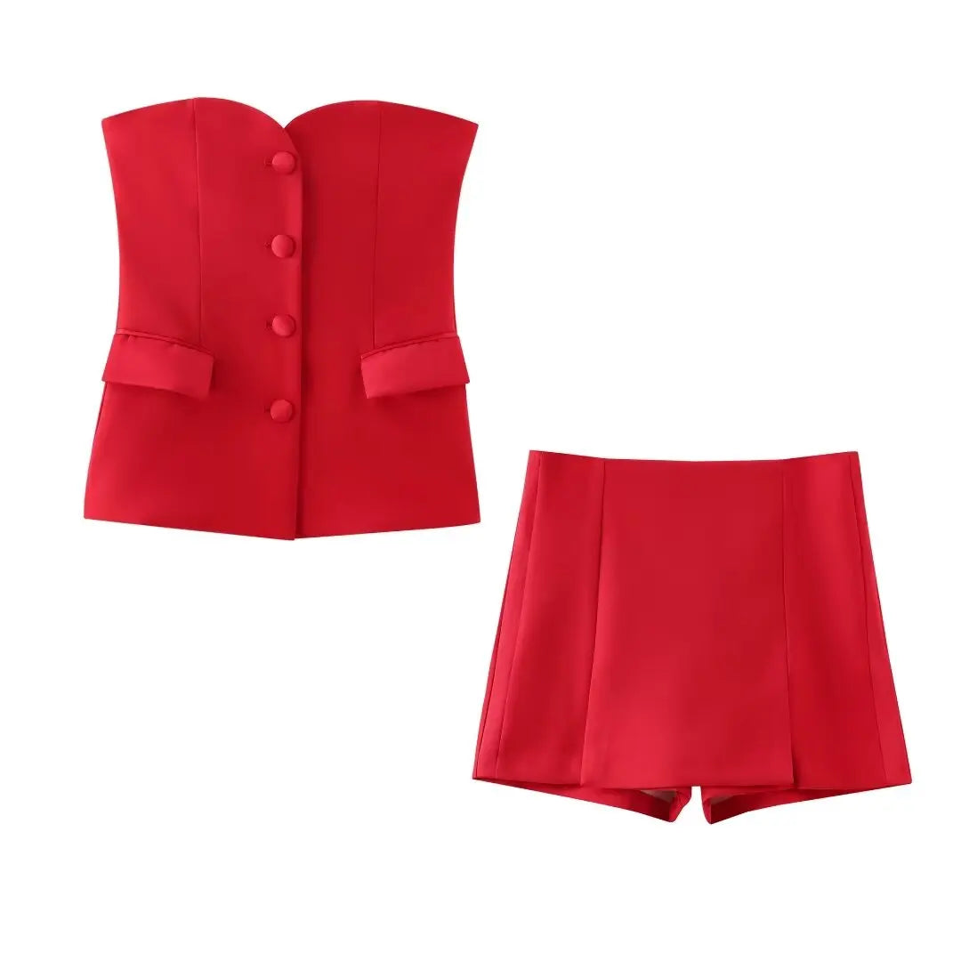 Elegant Two-Piece Women's Outfit Featuring Unique Tight Bra Shorts and Slim High Waist Skirt with Stylish Flip Spliced Tube Corset Top