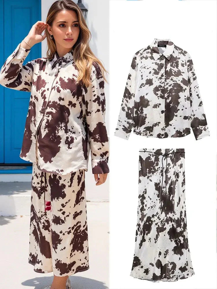 Women's Animal Print Silk Satin Midi Skirt and Casual Long-Sleeve Single-Breasted Blouse Two-Piece Set