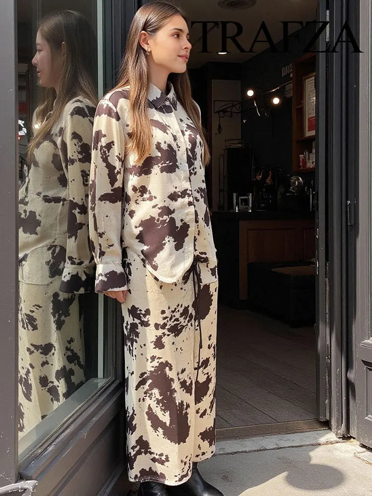 Women's Animal Print Silk Satin Midi Skirt and Casual Long-Sleeve Single-Breasted Blouse Two-Piece Set