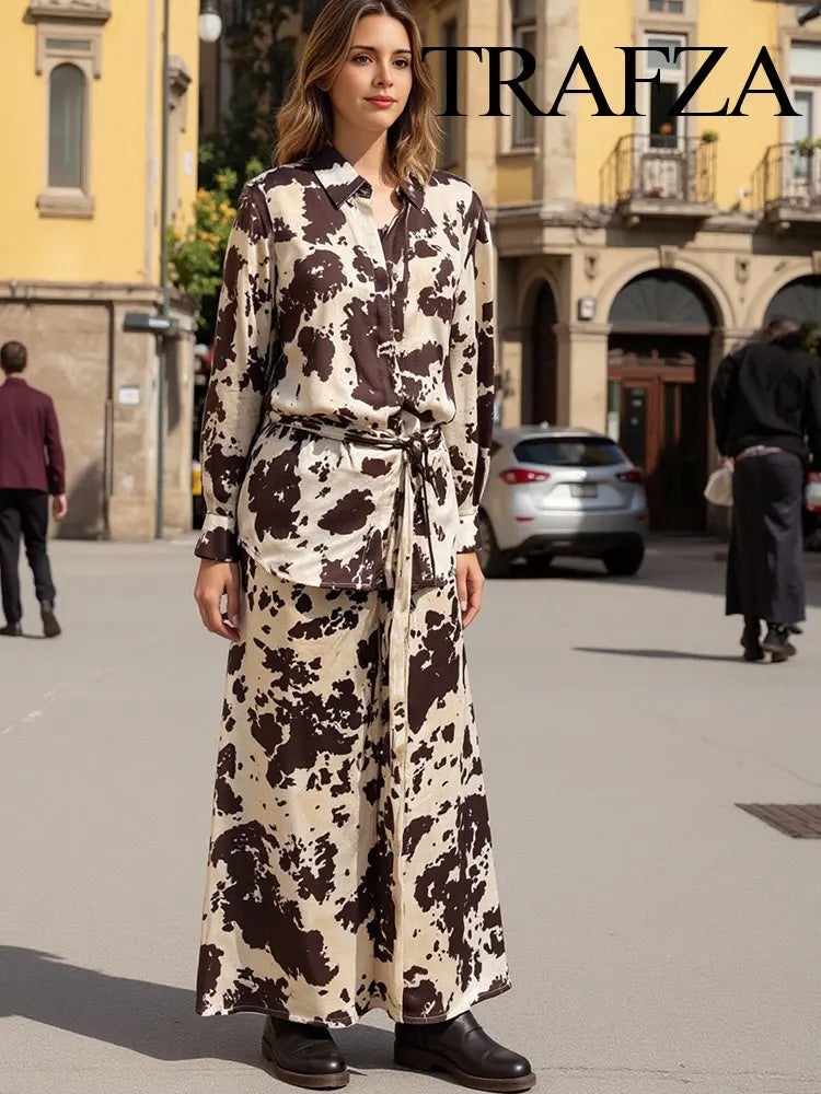 Women's Animal Print Silk Satin Midi Skirt and Casual Long-Sleeve Single-Breasted Blouse Two-Piece Set