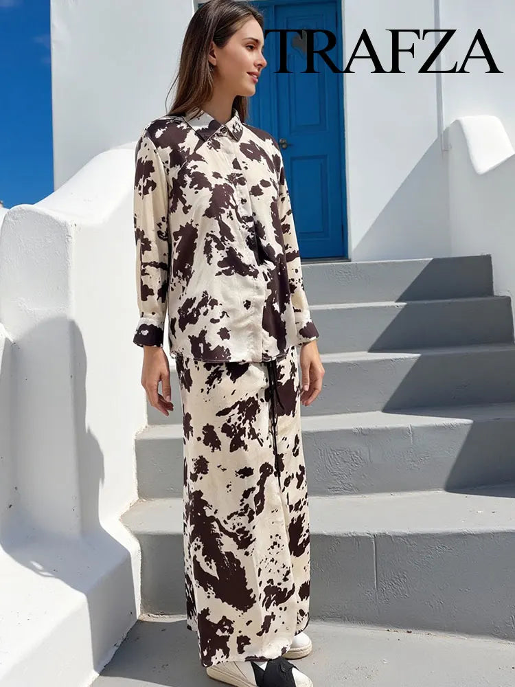 Women's Animal Print Silk Satin Midi Skirt and Casual Long-Sleeve Single-Breasted Blouse Two-Piece Set