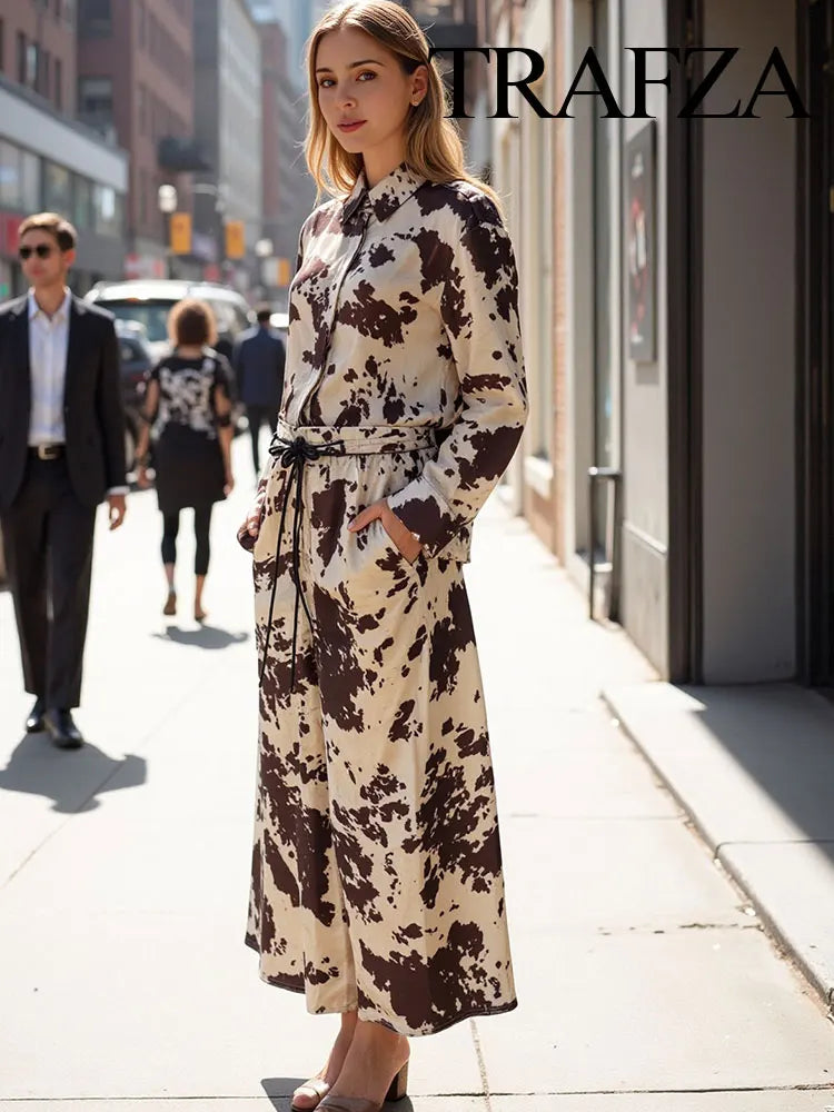 Women's Animal Print Silk Satin Midi Skirt and Casual Long-Sleeve Single-Breasted Blouse Two-Piece Set