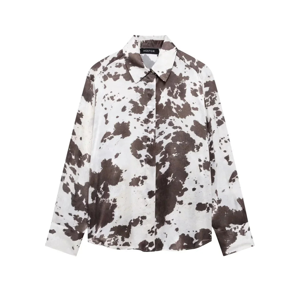 Women's Animal Print Silk Satin Midi Skirt and Casual Long-Sleeve Single-Breasted Blouse Two-Piece Set