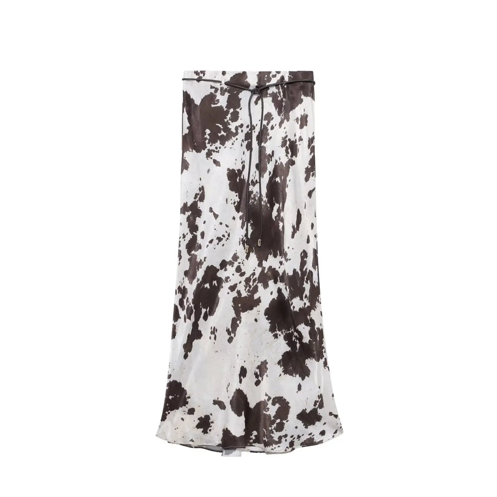 Women's Animal Print Silk Satin Midi Skirt and Casual Long-Sleeve Single-Breasted Blouse Two-Piece Set