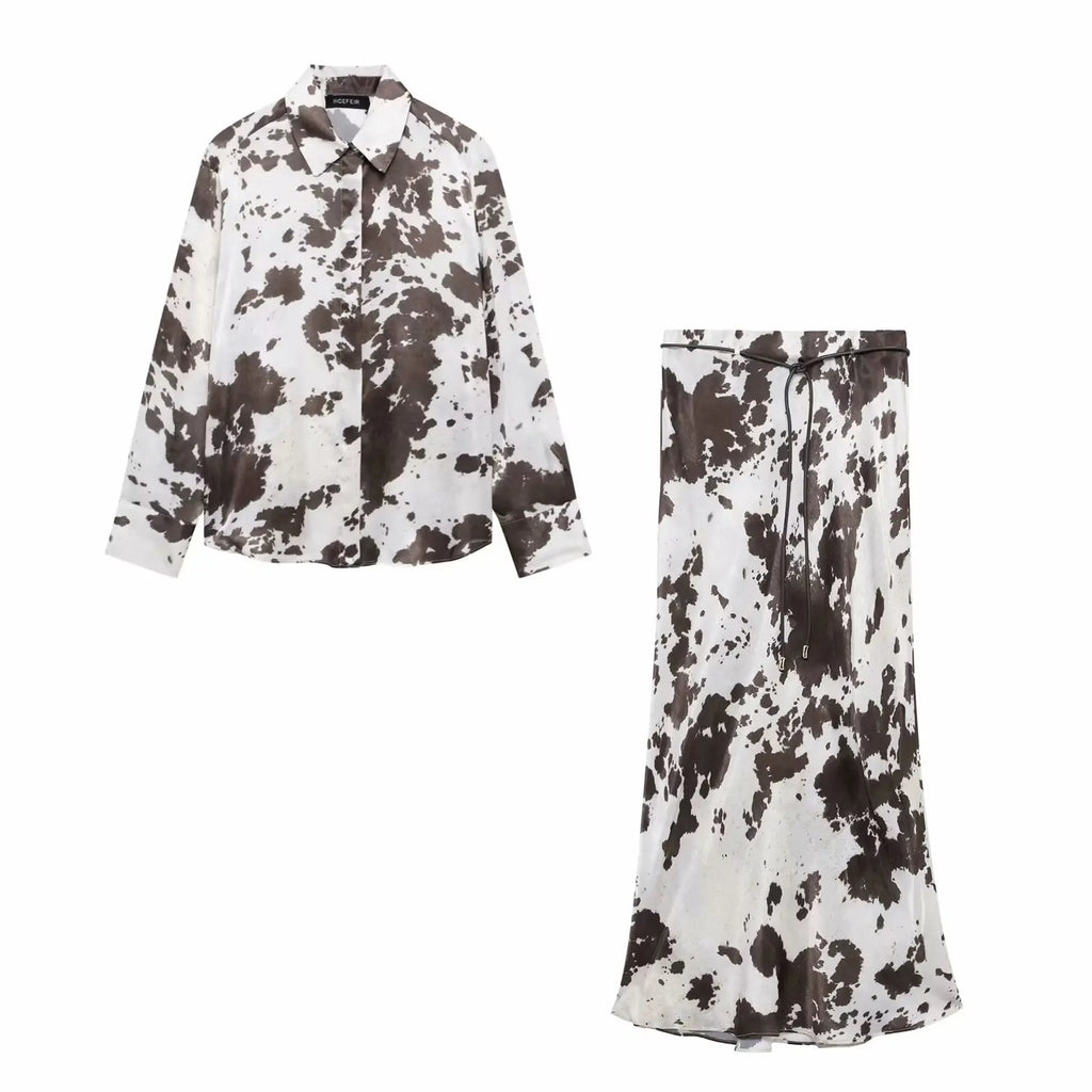 Women's Animal Print Silk Satin Midi Skirt and Casual Long-Sleeve Single-Breasted Blouse Two-Piece Set
