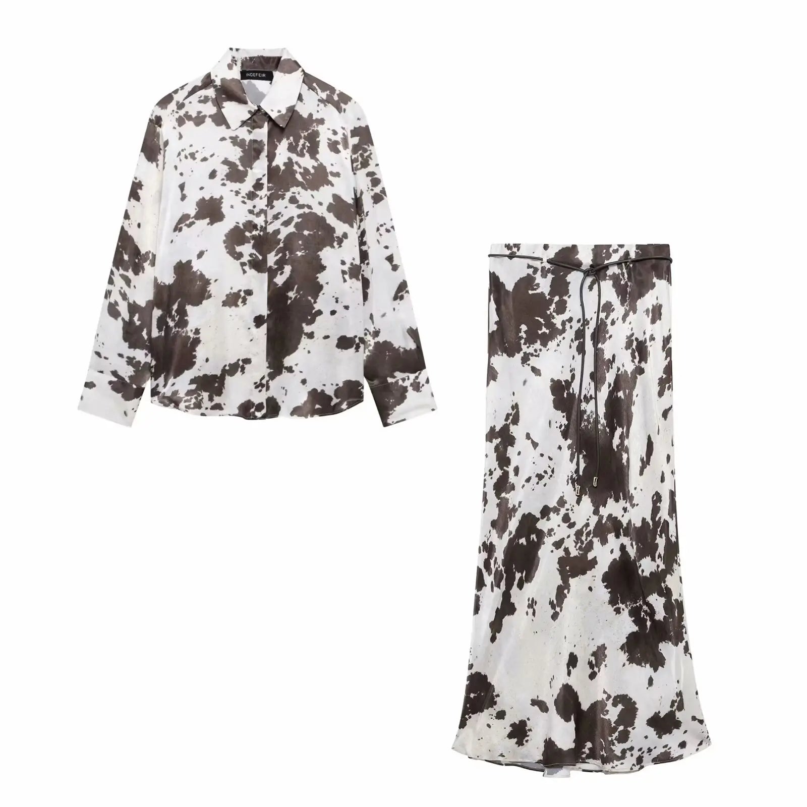 Women's Animal Print Silk Satin Midi Skirt and Casual Long-Sleeve Single-Breasted Blouse Two-Piece Set