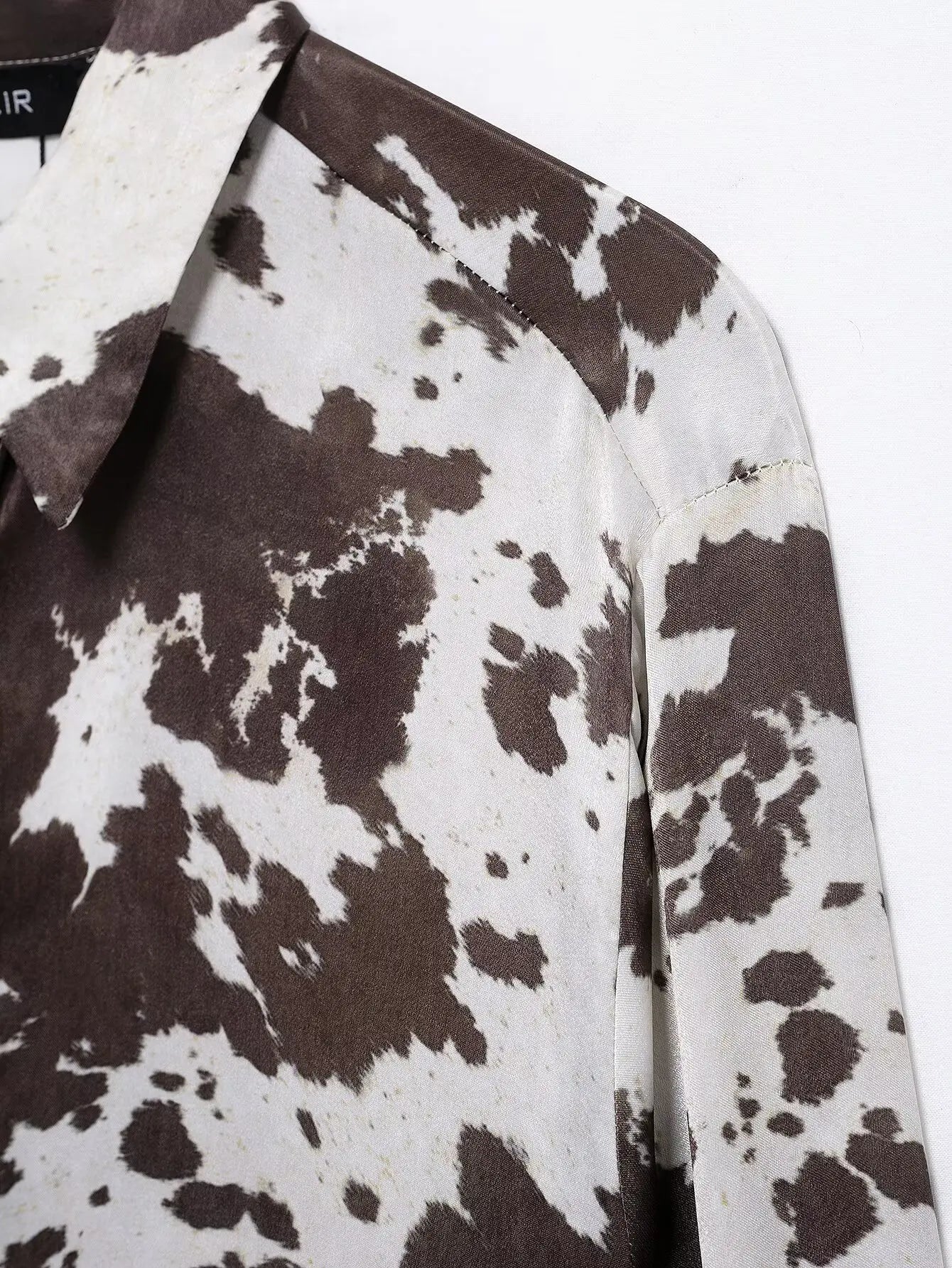 Women's Animal Print Silk Satin Midi Skirt and Casual Long-Sleeve Single-Breasted Blouse Two-Piece Set