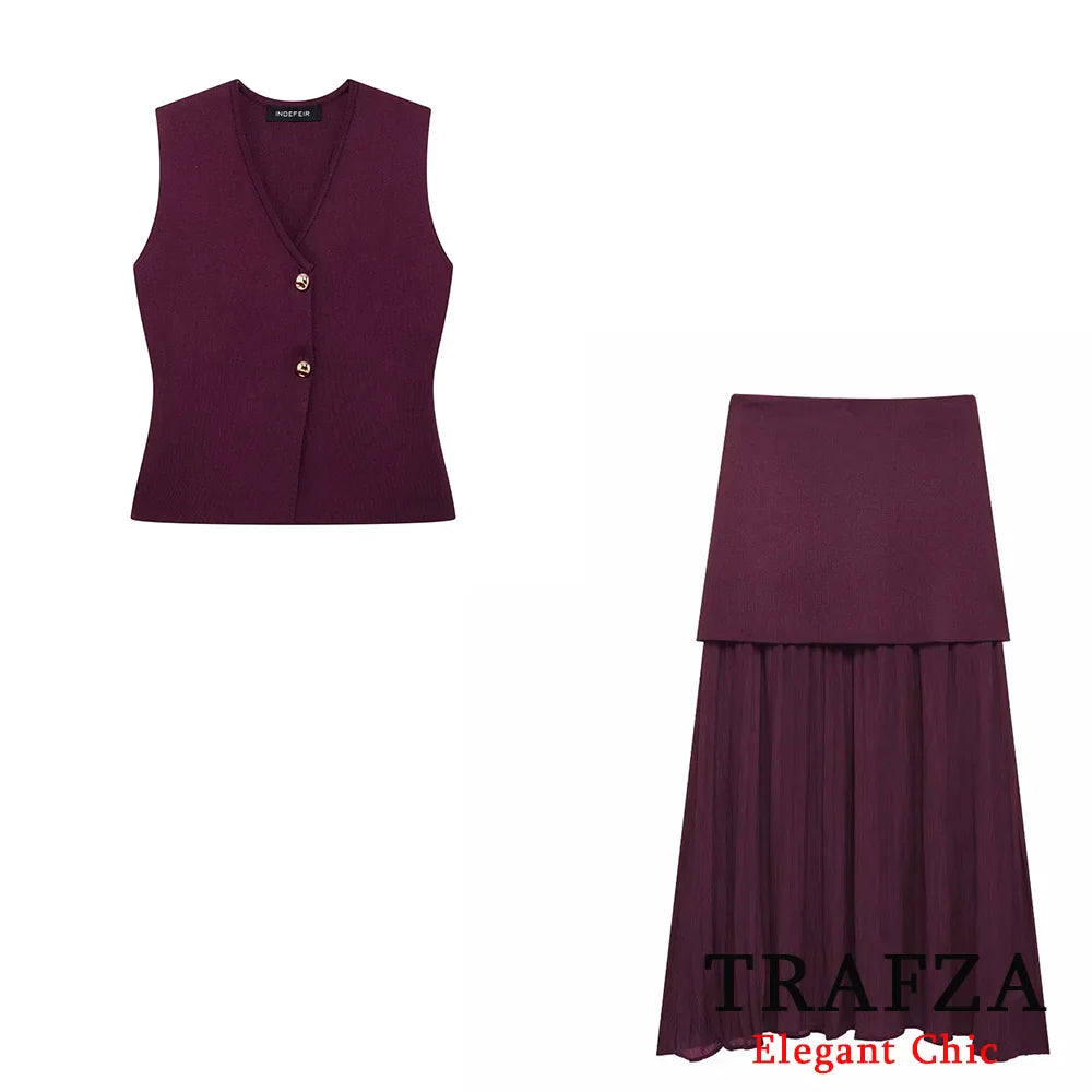 Elegant Women Brown Vest and Pleated Midi Skirt Set Chic Spring Summer Fashion in Beige and Wine Red