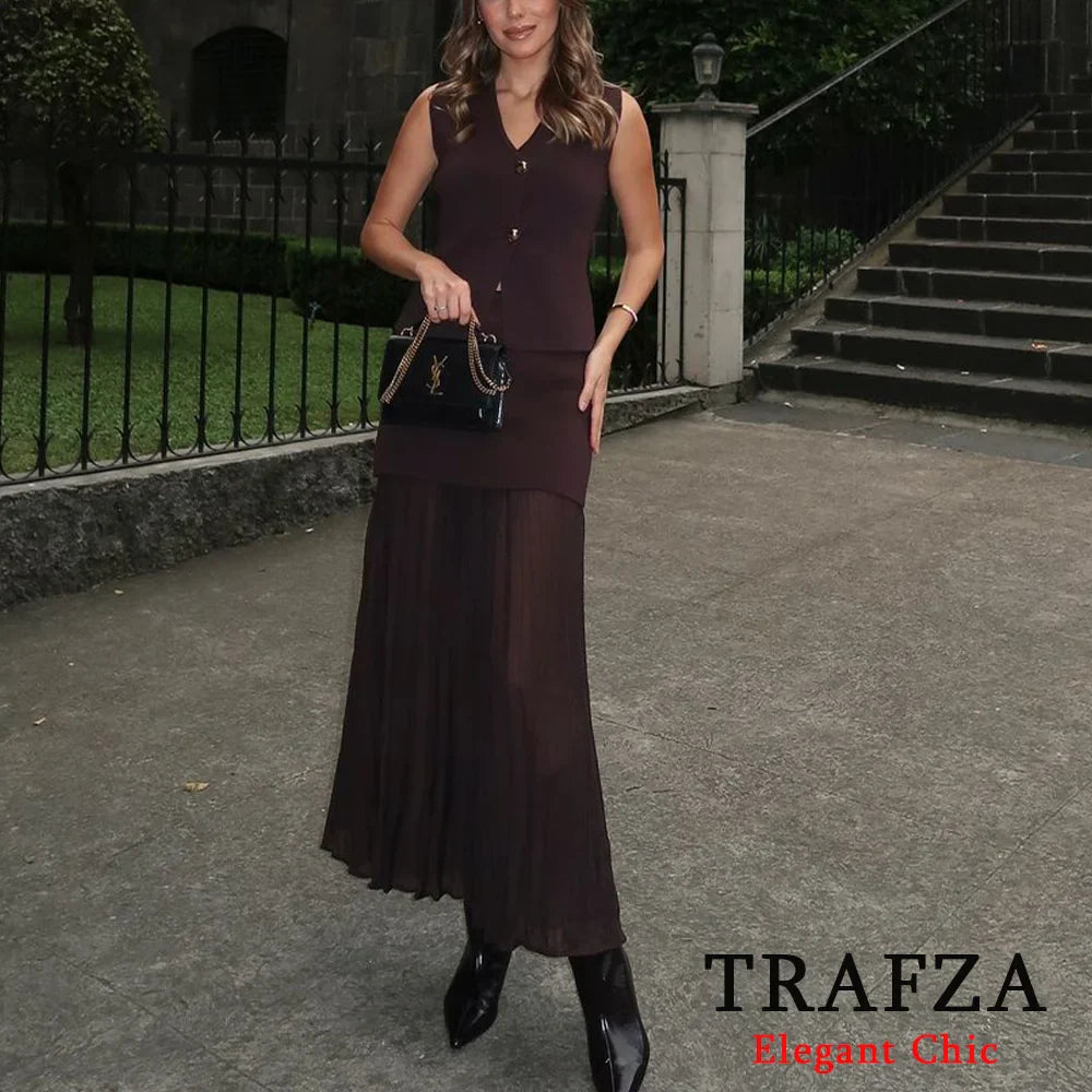 Elegant Women Brown Vest and Pleated Midi Skirt Set Chic Spring Summer Fashion in Beige and Wine Red