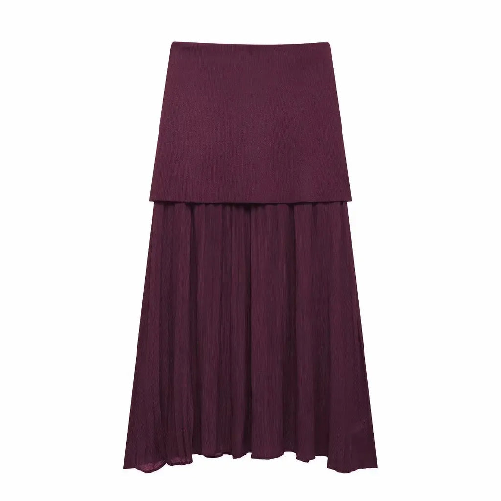 Elegant Women Brown Vest and Pleated Midi Skirt Set Chic Spring Summer Fashion in Beige and Wine Red