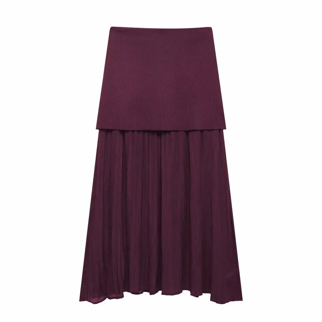 Elegant Women Brown Vest and Pleated Midi Skirt Set Chic Spring Summer Fashion in Beige and Wine Red