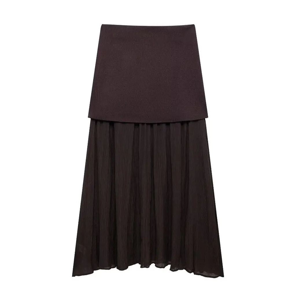Elegant Women Brown Vest and Pleated Midi Skirt Set Chic Spring Summer Fashion in Beige and Wine Red