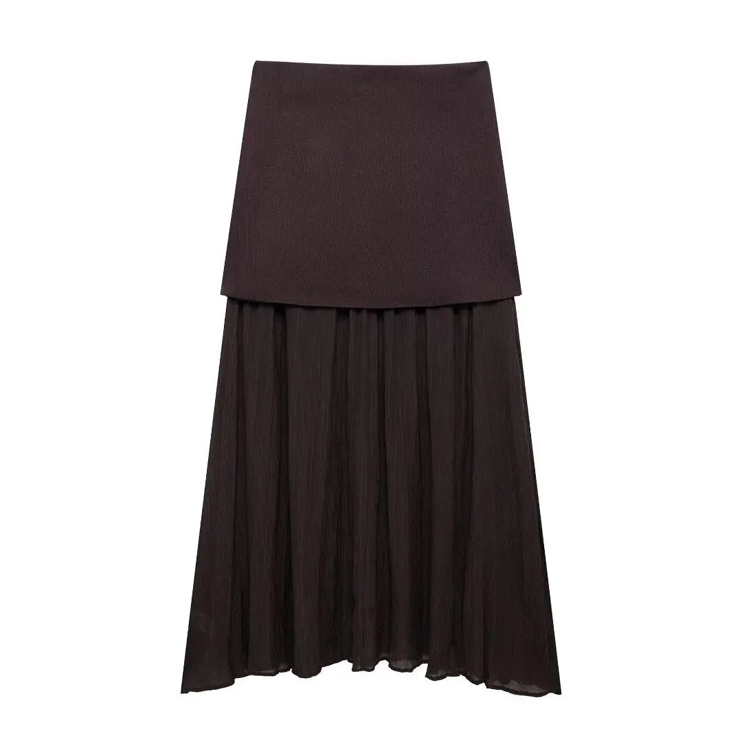 Elegant Women Brown Vest and Pleated Midi Skirt Set Chic Spring Summer Fashion in Beige and Wine Red