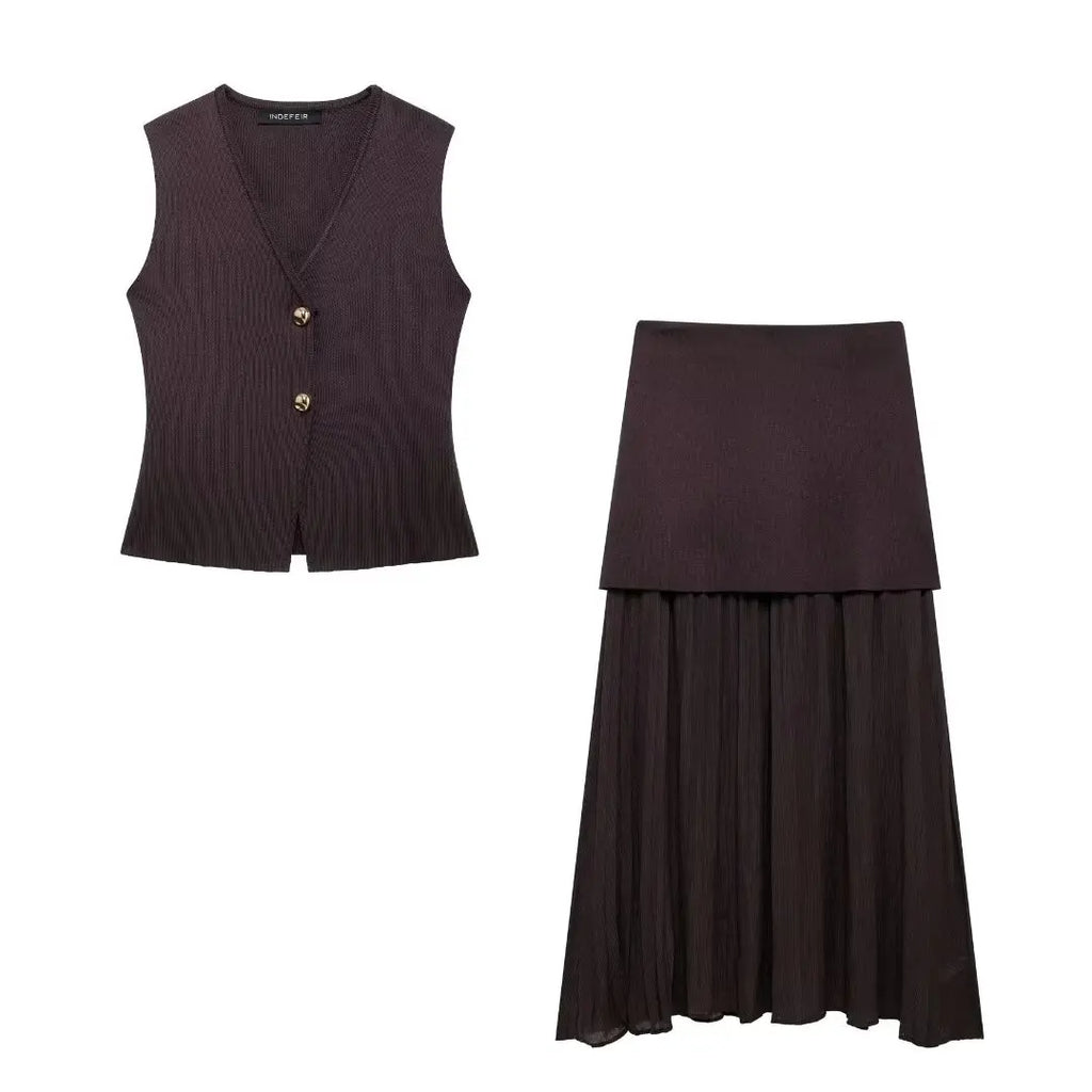 Elegant Women Brown Vest and Pleated Midi Skirt Set Chic Spring Summer Fashion in Beige and Wine Red