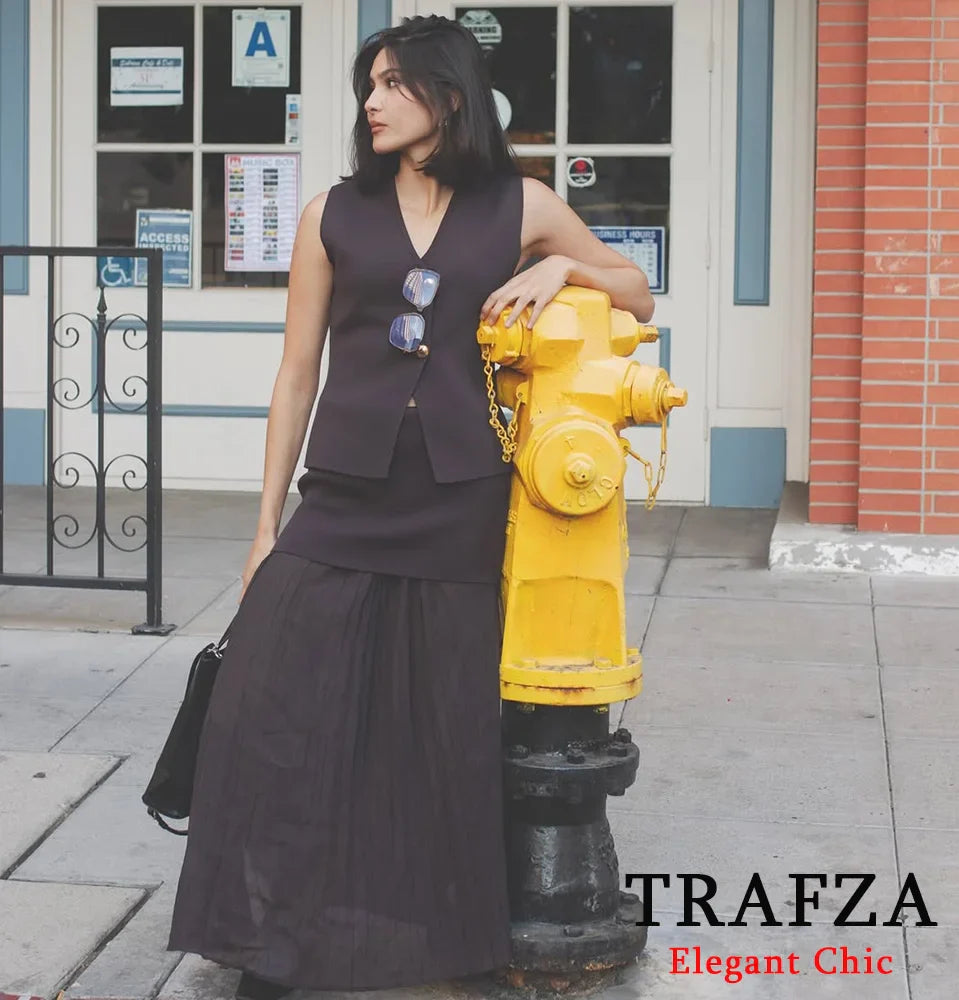 Elegant Women Brown Vest and Pleated Midi Skirt Set Chic Spring Summer Fashion in Beige and Wine Red