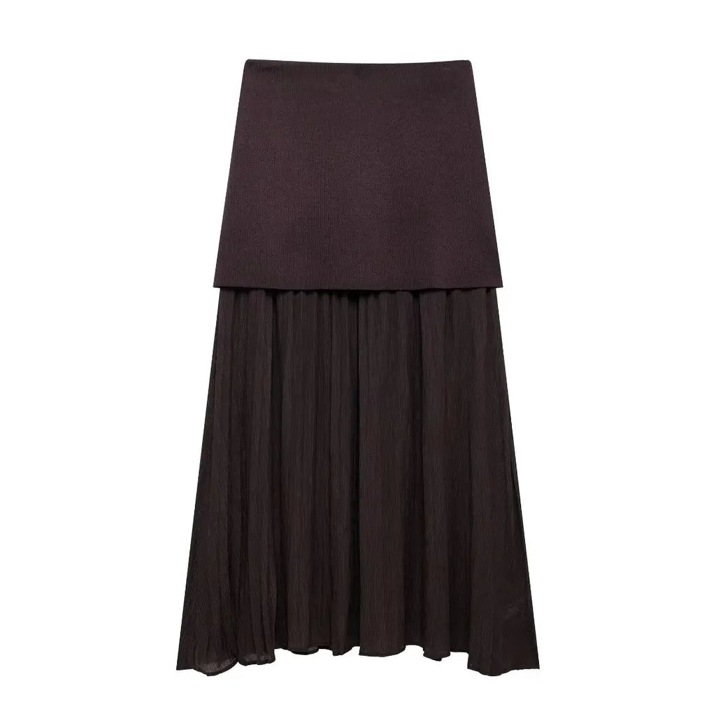 Elegant Women Brown Vest and Pleated Midi Skirt Set Chic Spring Summer Fashion in Beige and Wine Red