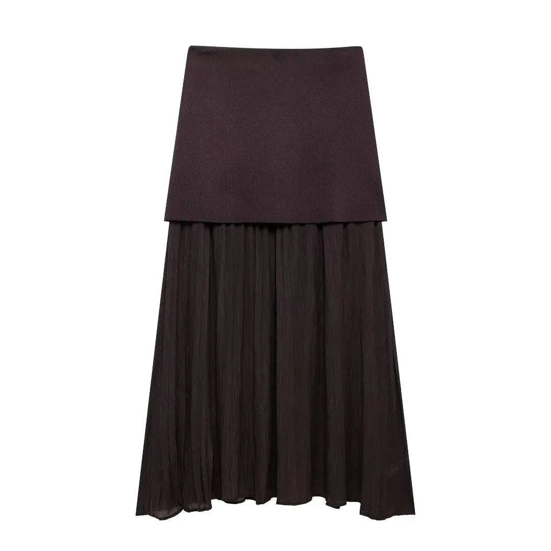 Elegant Women Brown Vest and Pleated Midi Skirt Set Chic Spring Summer Fashion in Beige and Wine Red