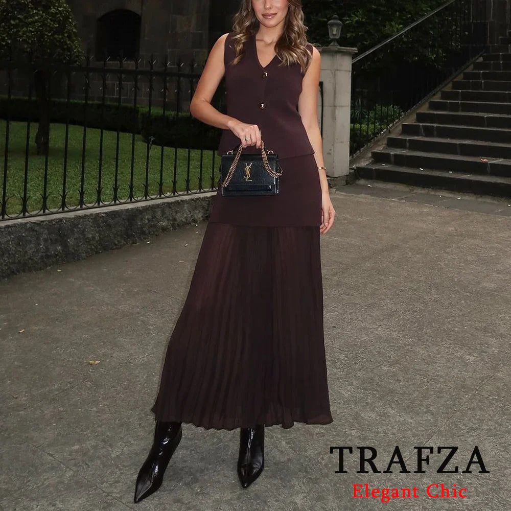 Elegant Women Brown Vest and Pleated Midi Skirt Set Chic Spring Summer Fashion in Beige and Wine Red