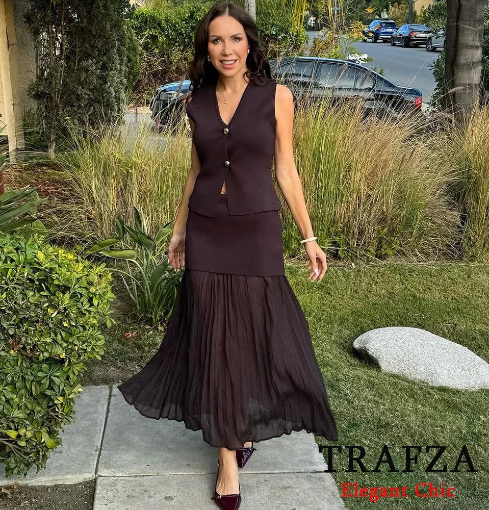 Elegant Women Brown Vest and Pleated Midi Skirt Set Chic Spring Summer Fashion in Beige and Wine Red