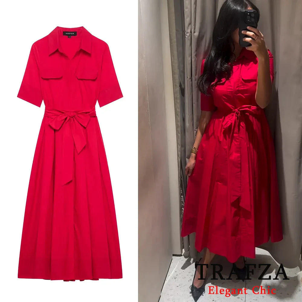 Women's Romantic Red Belted Dress with Lapel Pockets Long Dress for Spring and Summer Elegant Casual Holiday Wear