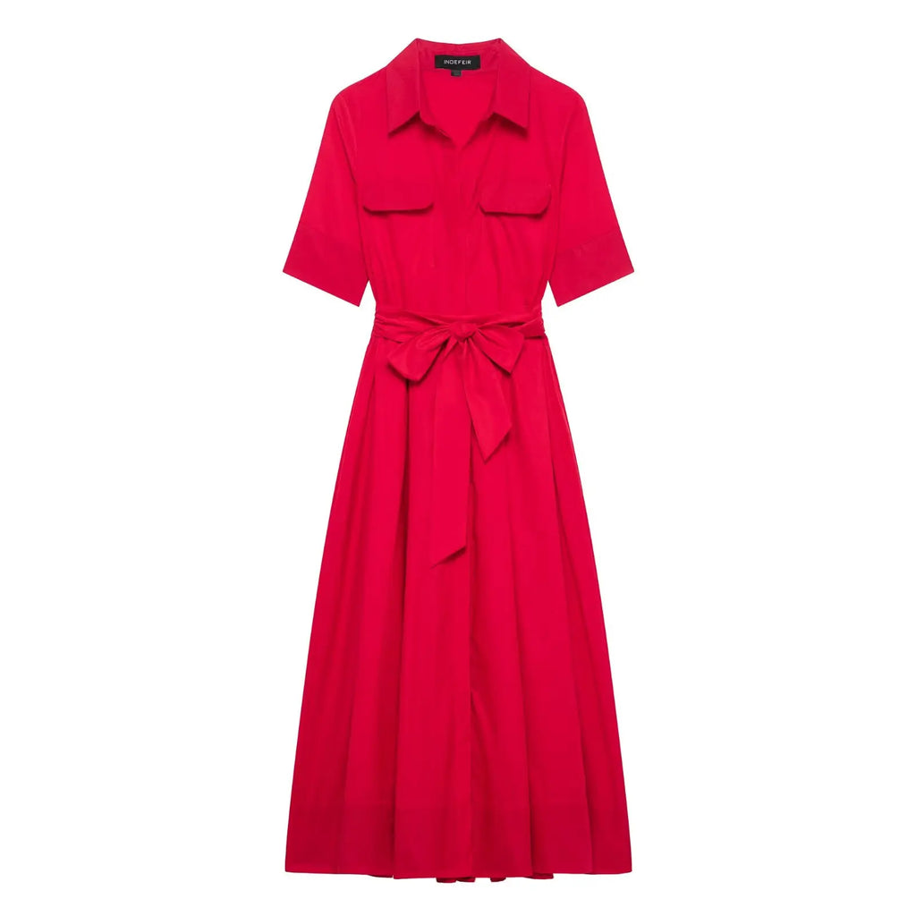 Women's Romantic Red Belted Dress with Lapel Pockets Long Dress for Spring and Summer Elegant Casual Holiday Wear