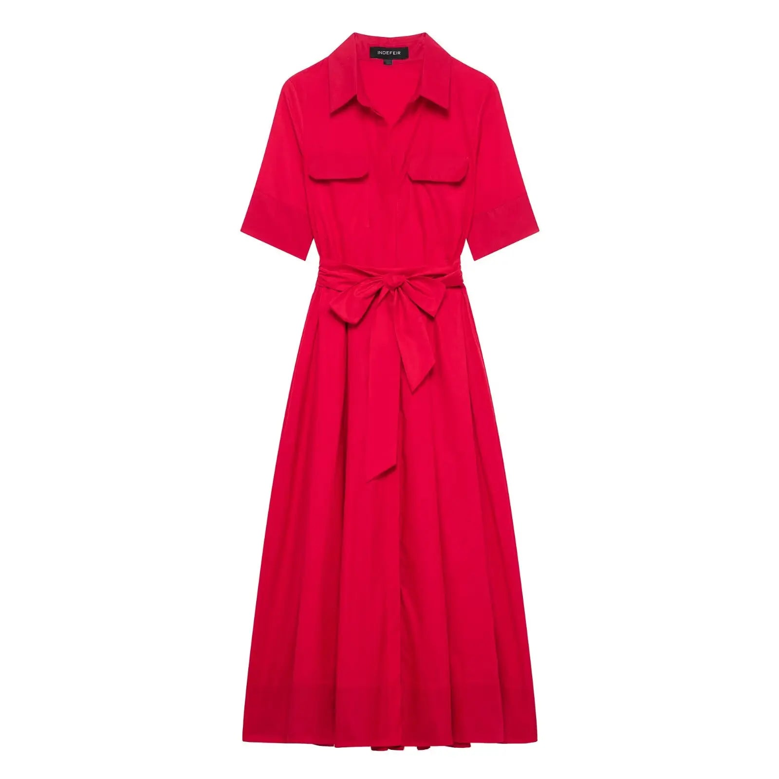 Women's Romantic Red Belted Dress with Lapel Pockets Long Dress for Spring and Summer Elegant Casual Holiday Wear