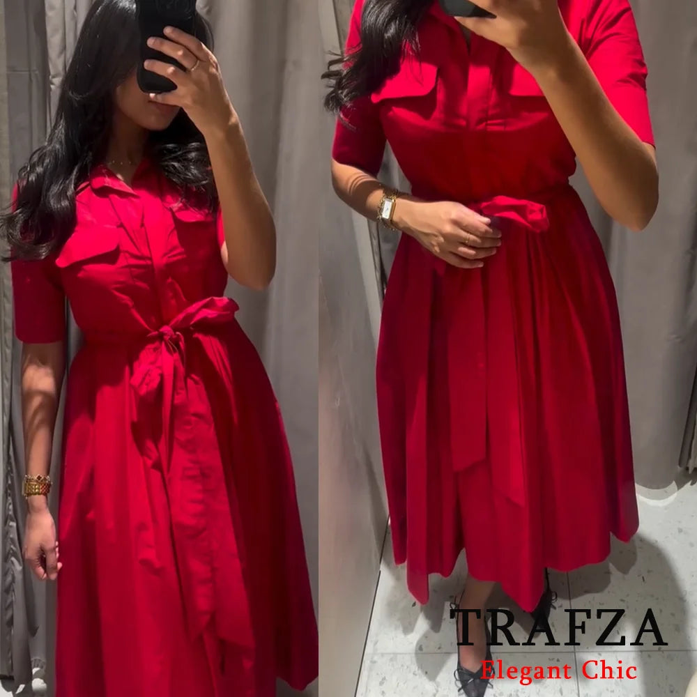 Women's Romantic Red Belted Dress with Lapel Pockets Long Dress for Spring and Summer Elegant Casual Holiday Wear