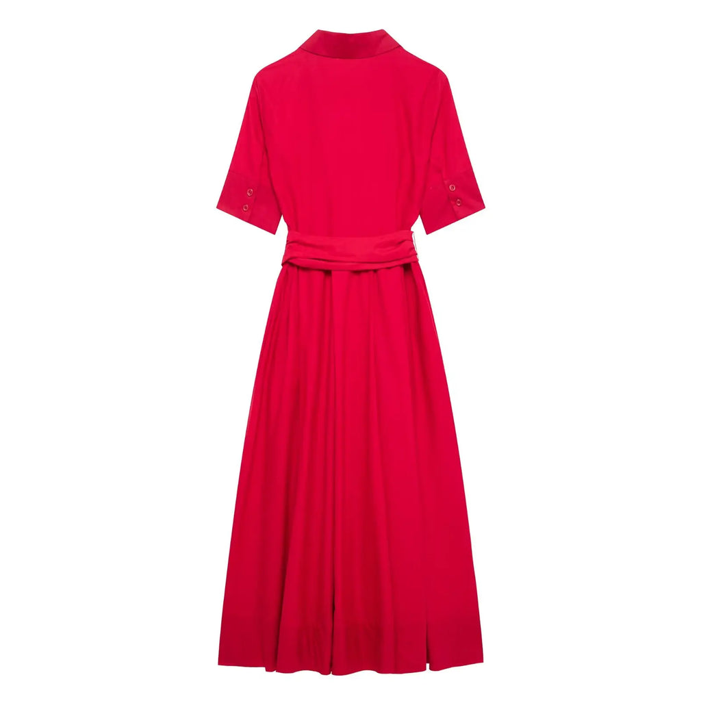 Women's Romantic Red Belted Dress with Lapel Pockets Long Dress for Spring and Summer Elegant Casual Holiday Wear