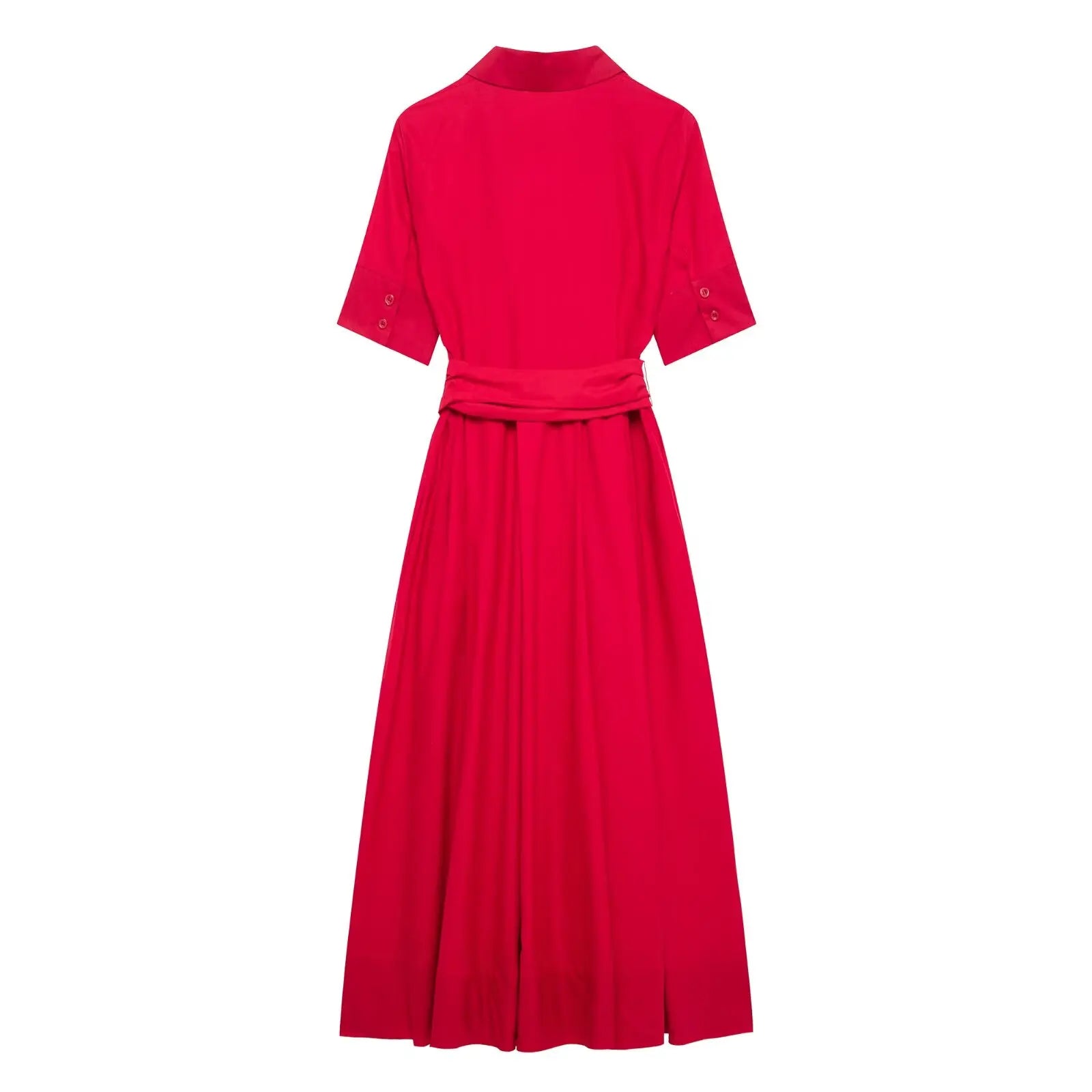 Women's Romantic Red Belted Dress with Lapel Pockets Long Dress for Spring and Summer Elegant Casual Holiday Wear