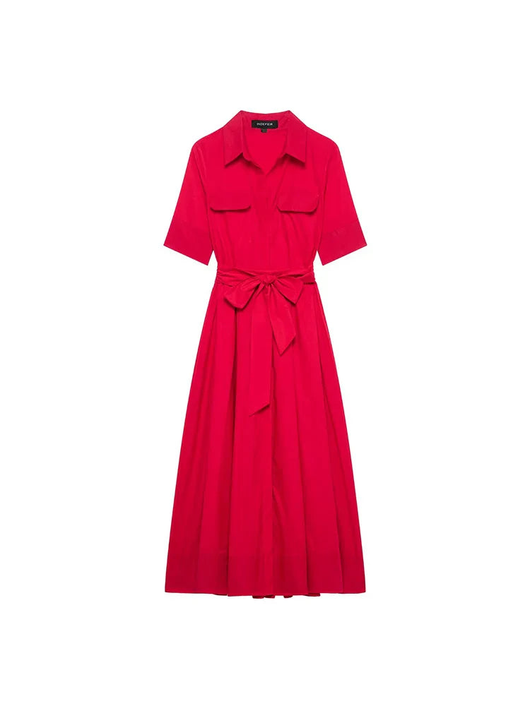 Women's Romantic Red Belted Dress with Lapel Pockets Long Dress for Spring and Summer Elegant Casual Holiday Wear