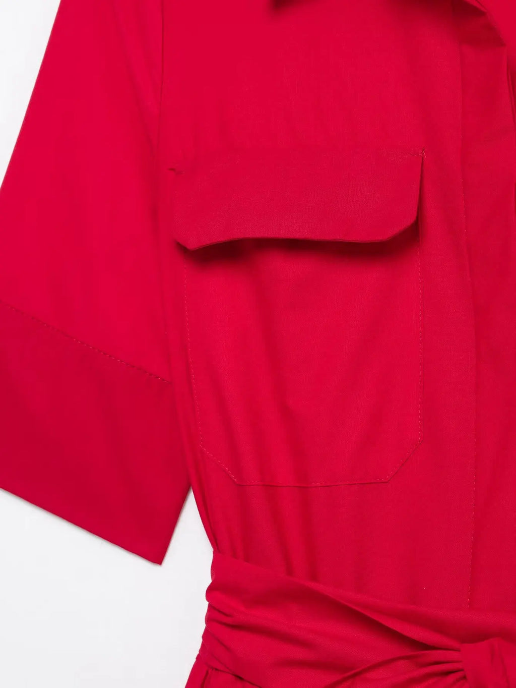 Women's Romantic Red Belted Dress with Lapel Pockets Long Dress for Spring and Summer Elegant Casual Holiday Wear