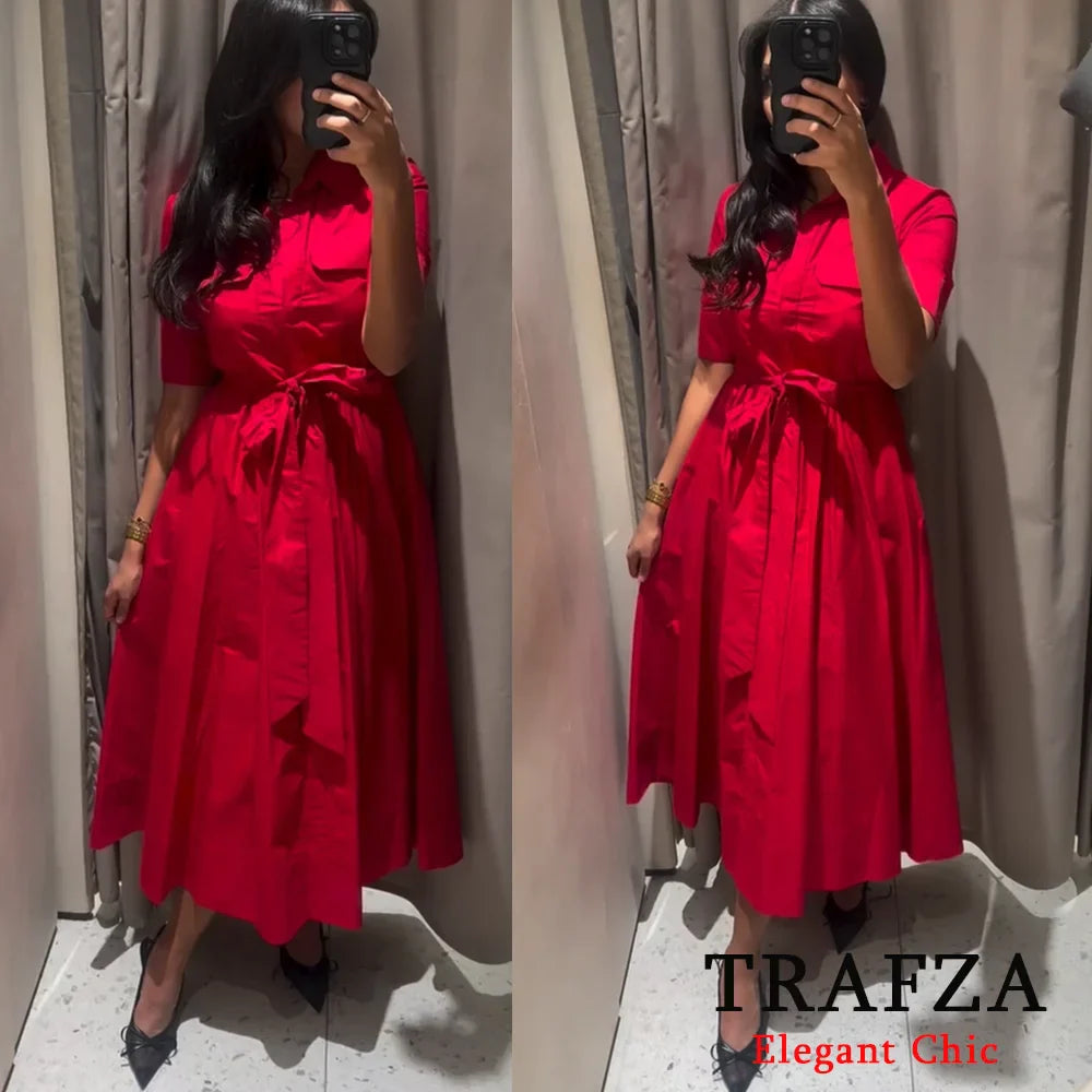 Women's Romantic Red Belted Dress with Lapel Pockets Long Dress for Spring and Summer Elegant Casual Holiday Wear