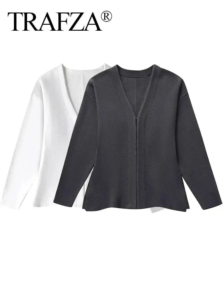 Women's Vintage Solid Color Knitted V-Neck Cardigan with Covered Buttons Long Sleeve Slim Fit Elegant Retro Top