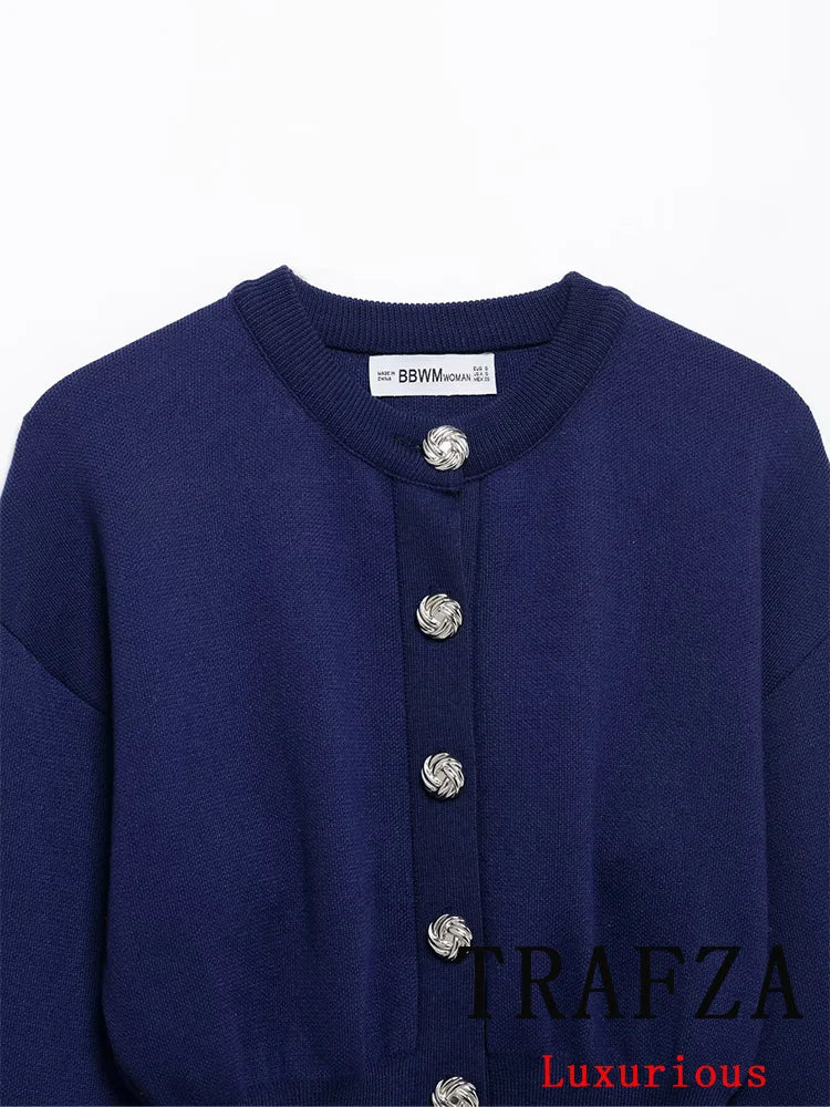 Casual Blue Knitted Women Sweater Set Long Sleeve O Neck Cardigan with Sheath Mini Skirt Stylish Spring Summer Outfit