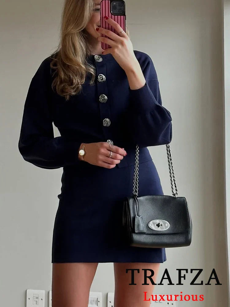 Casual Blue Knitted Women Sweater Set Long Sleeve O Neck Cardigan with Sheath Mini Skirt Stylish Spring Summer Outfit