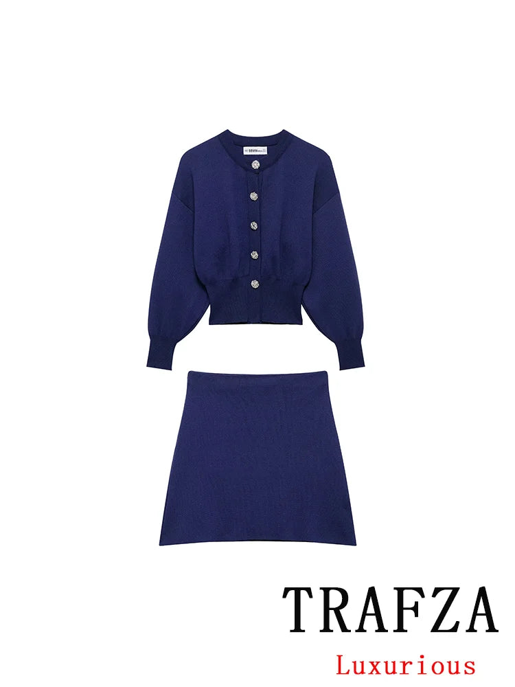 Casual Blue Knitted Women Sweater Set Long Sleeve O Neck Cardigan with Sheath Mini Skirt Stylish Spring Summer Outfit