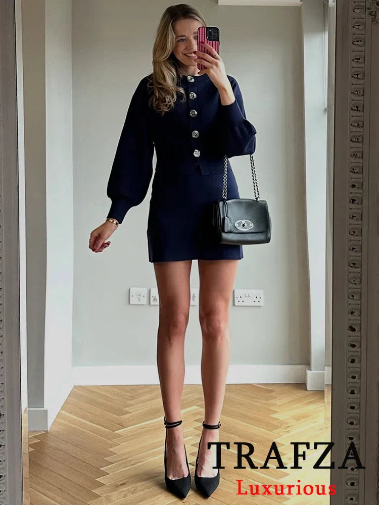 Casual Blue Knitted Women Sweater Set Long Sleeve O Neck Cardigan with Sheath Mini Skirt Stylish Spring Summer Outfit