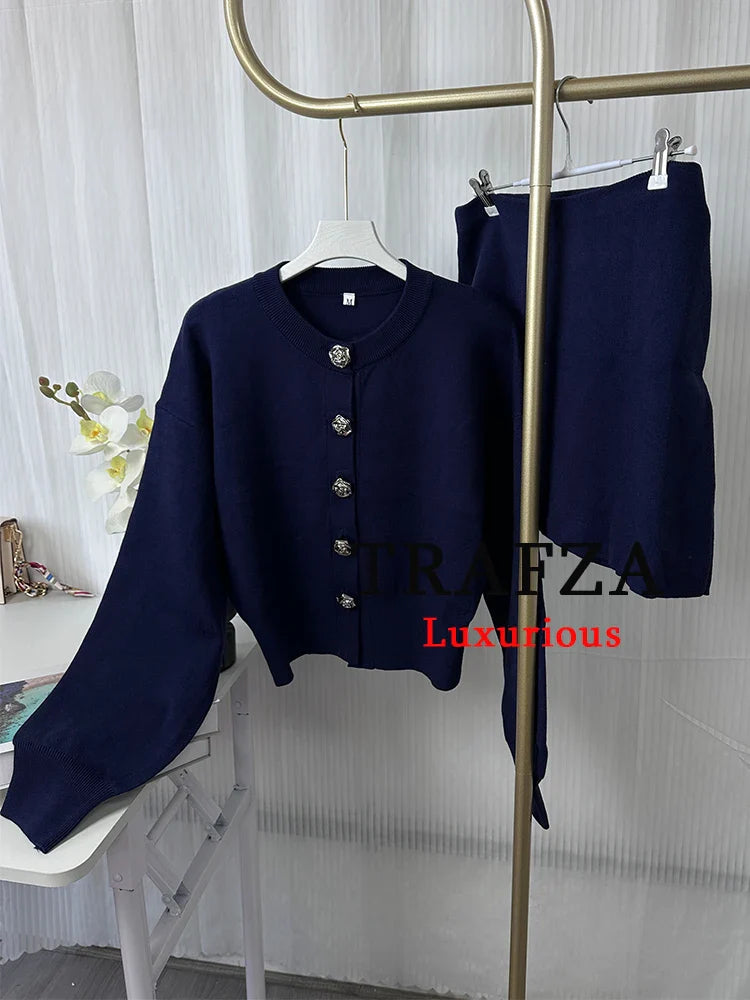 Casual Blue Knitted Women Sweater Set Long Sleeve O Neck Cardigan with Sheath Mini Skirt Stylish Spring Summer Outfit