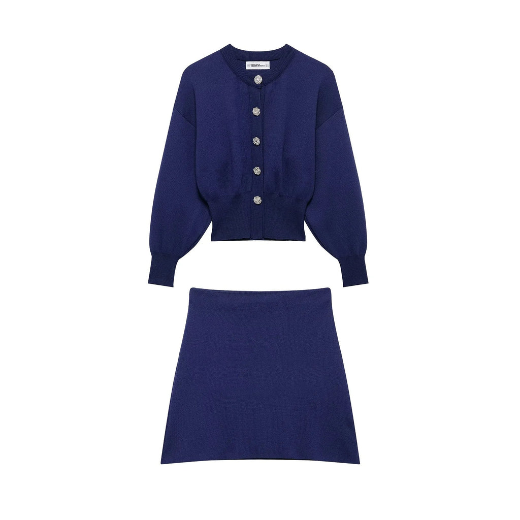 Casual Blue Knitted Women Sweater Set Long Sleeve O Neck Cardigan with Sheath Mini Skirt Stylish Spring Summer Outfit