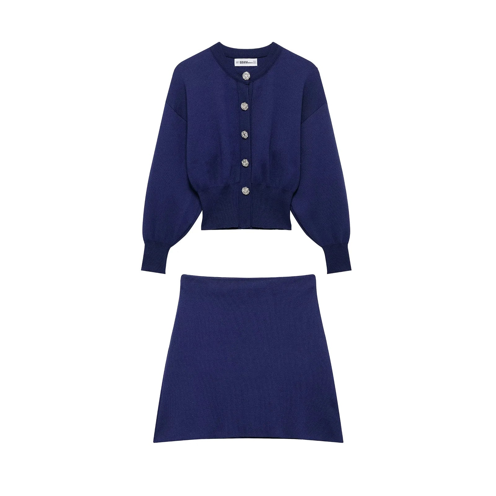 Casual Blue Knitted Women Sweater Set Long Sleeve O Neck Cardigan with Sheath Mini Skirt Stylish Spring Summer Outfit