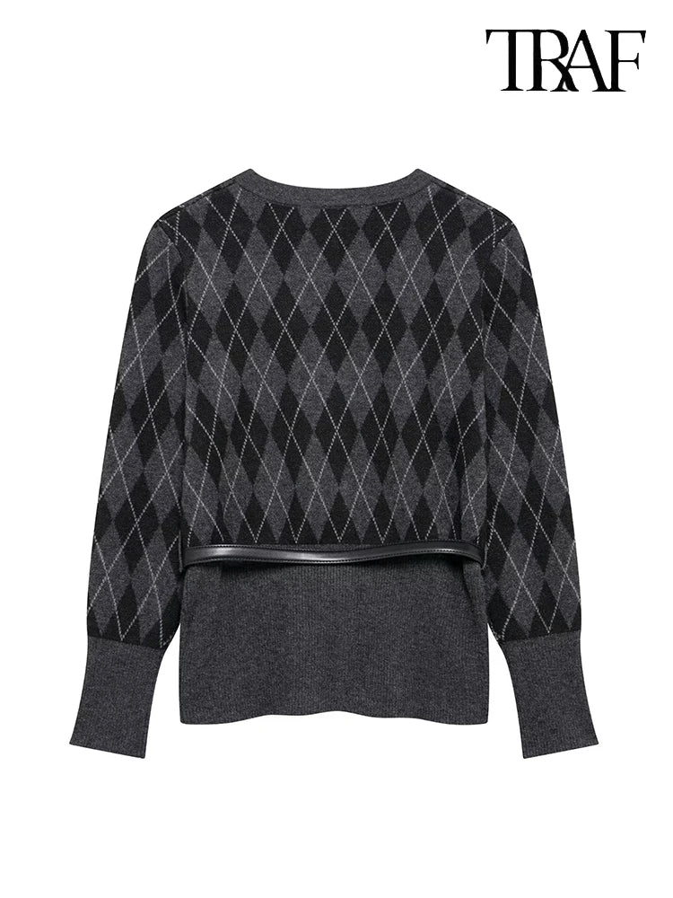 Vintage Elegant Two-Piece Knit Set for Women Diamond Pattern Belted Jacket and Slit Skirt Fall Fashion Ensemble