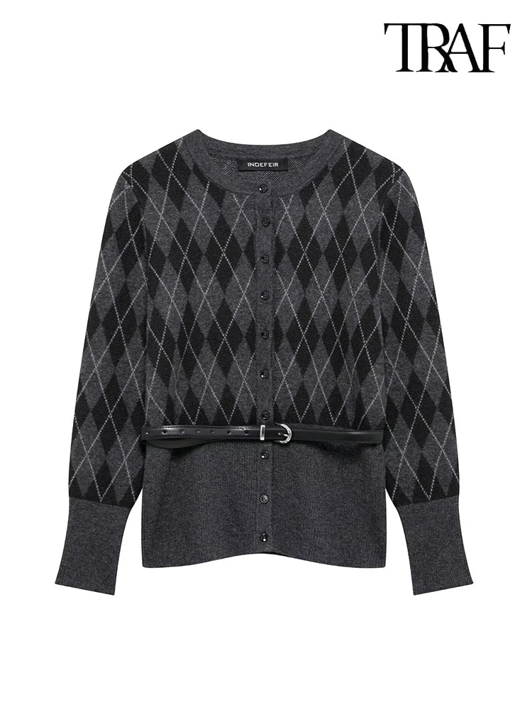 Vintage Elegant Two-Piece Knit Set for Women Diamond Pattern Belted Jacket and Slit Skirt Fall Fashion Ensemble