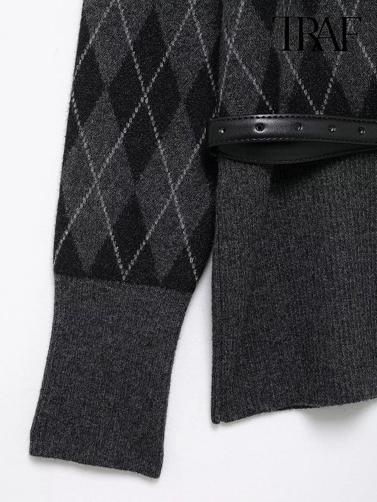 Vintage Elegant Two-Piece Knit Set for Women Diamond Pattern Belted Jacket and Slit Skirt Fall Fashion Ensemble