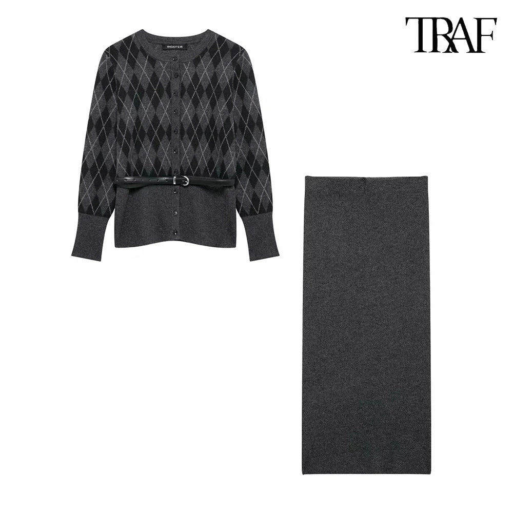 Vintage Elegant Two-Piece Knit Set for Women Diamond Pattern Belted Jacket and Slit Skirt Fall Fashion Ensemble