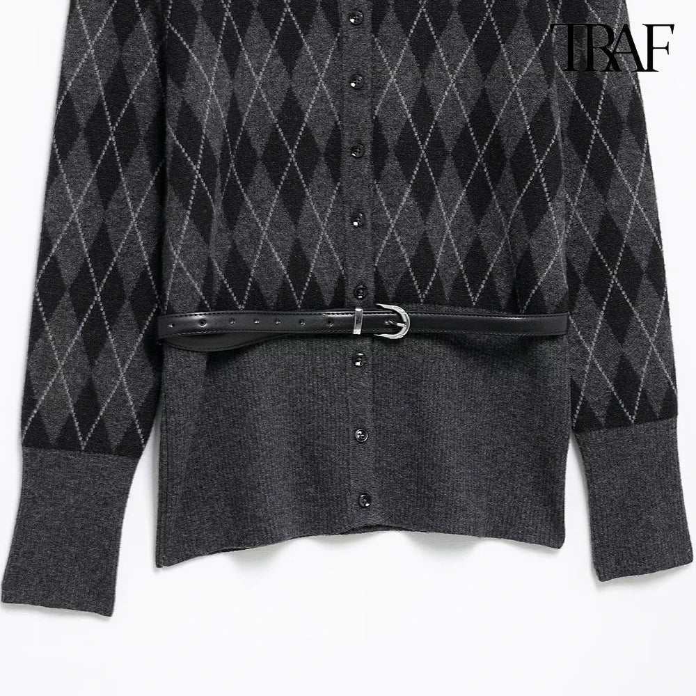 Vintage Elegant Two-Piece Knit Set for Women Diamond Pattern Belted Jacket and Slit Skirt Fall Fashion Ensemble