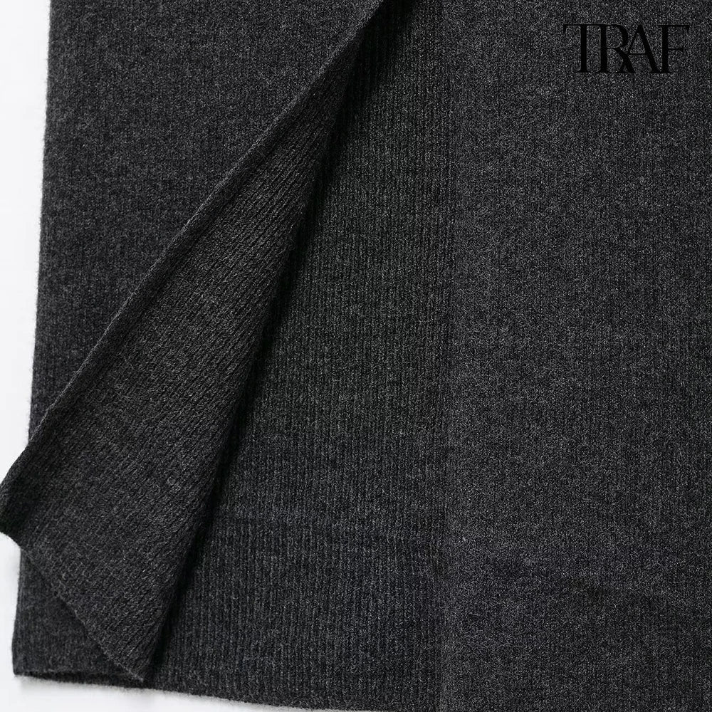 Vintage Elegant Two-Piece Knit Set for Women Diamond Pattern Belted Jacket and Slit Skirt Fall Fashion Ensemble