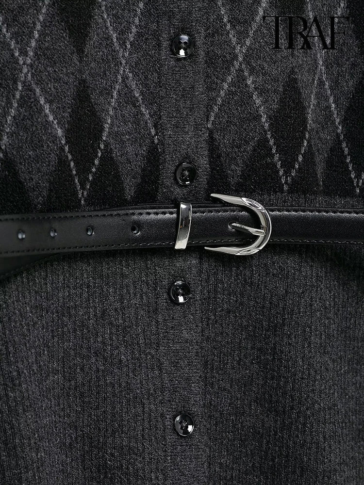 Vintage Elegant Two-Piece Knit Set for Women Diamond Pattern Belted Jacket and Slit Skirt Fall Fashion Ensemble