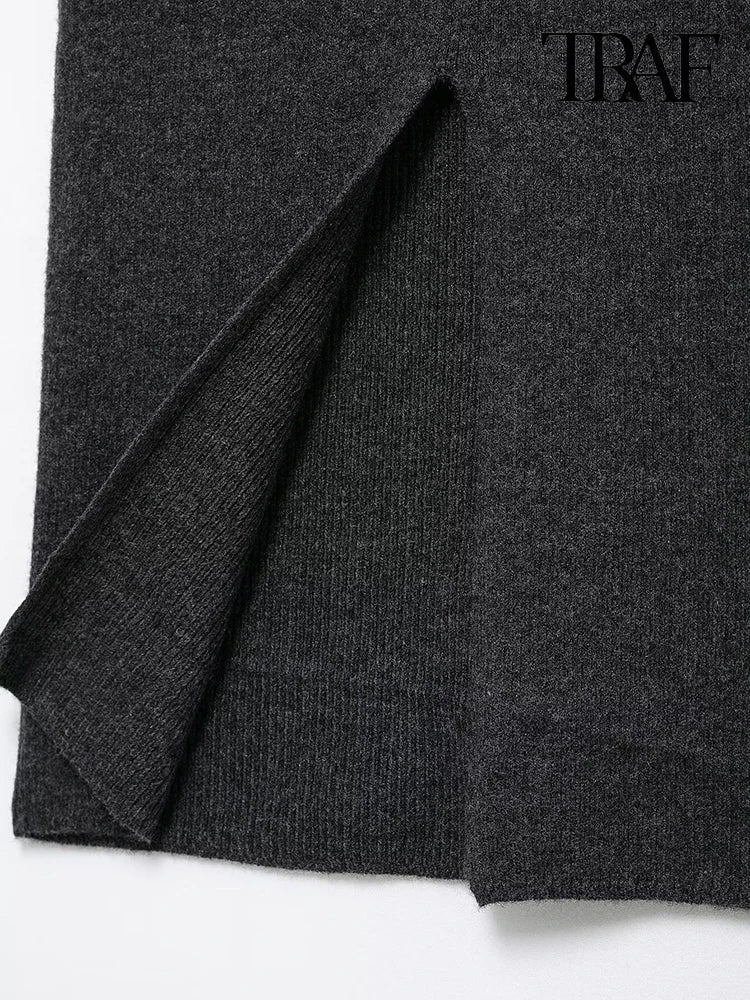 Vintage Elegant Two-Piece Knit Set for Women Diamond Pattern Belted Jacket and Slit Skirt Fall Fashion Ensemble