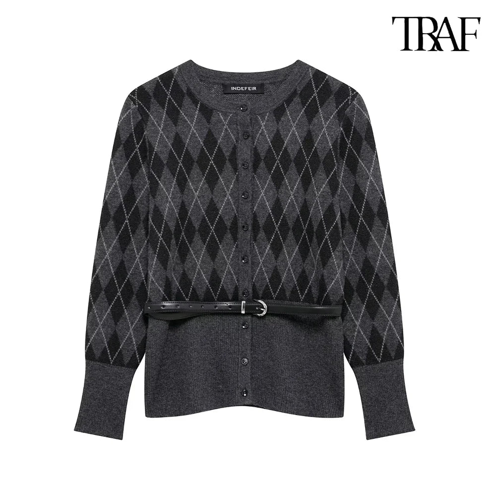 Vintage Elegant Two-Piece Knit Set for Women Diamond Pattern Belted Jacket and Slit Skirt Fall Fashion Ensemble