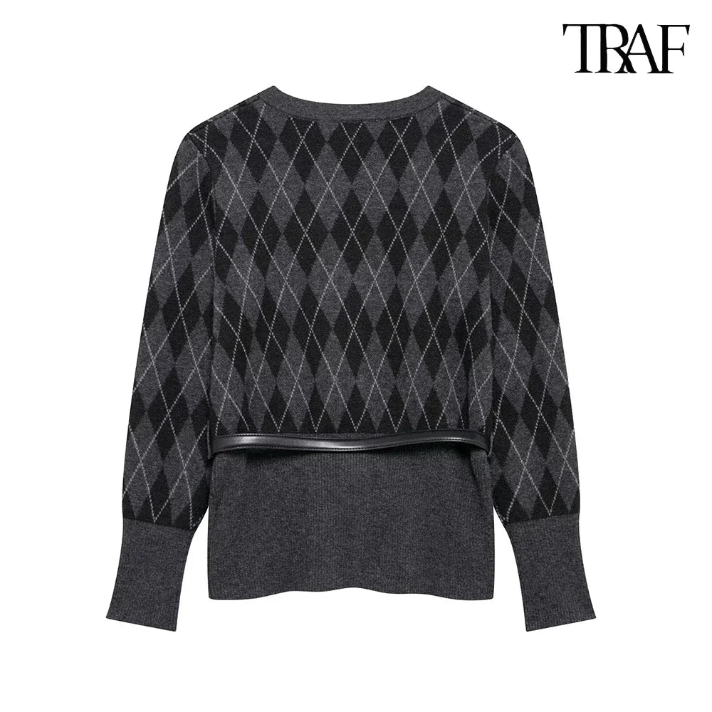 Vintage Elegant Two-Piece Knit Set for Women Diamond Pattern Belted Jacket and Slit Skirt Fall Fashion Ensemble